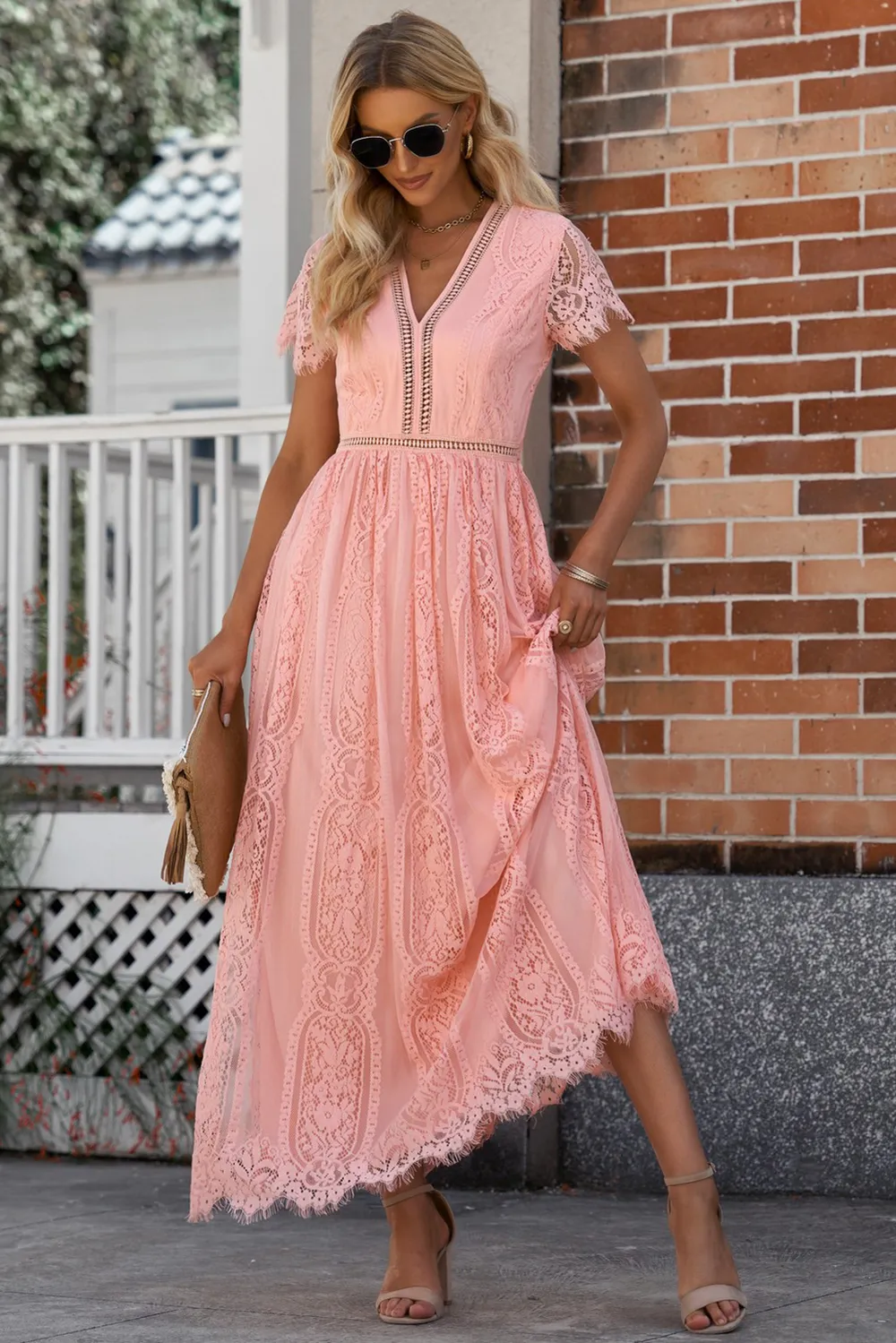 Elegant Pink Lace Maxi Dress