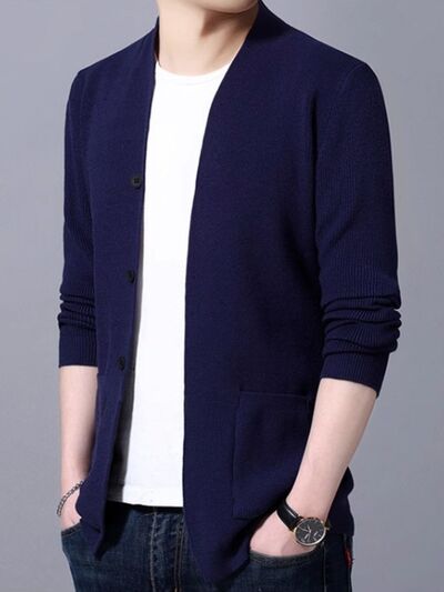 Men's Plus Size Long Sleeve Cardigan with Pockets