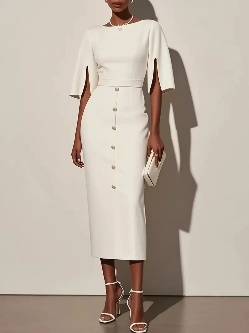 Slit Sleeve Midi Dress with Decorative Button