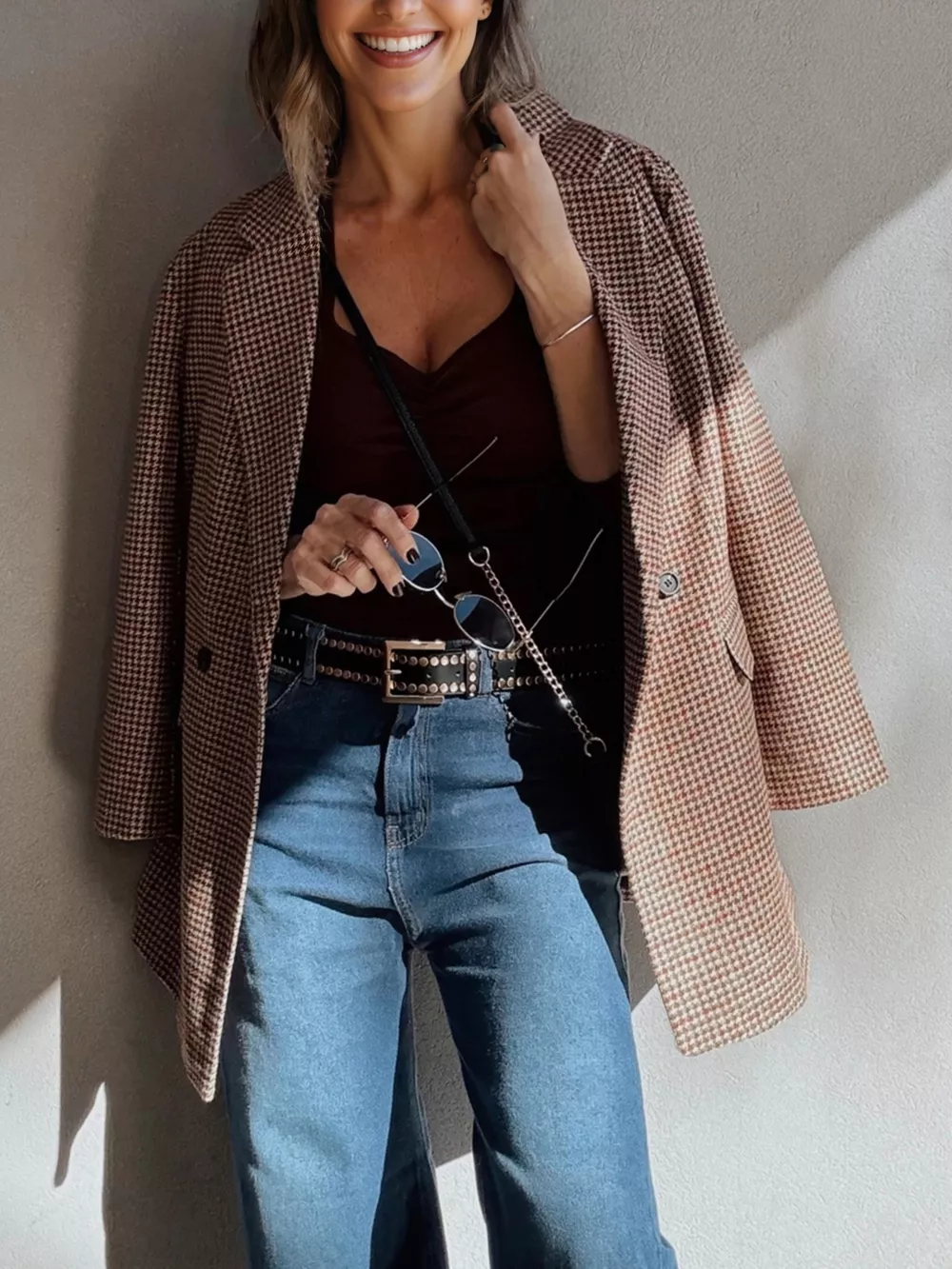 Houndstooth Lapel Collar Blazer