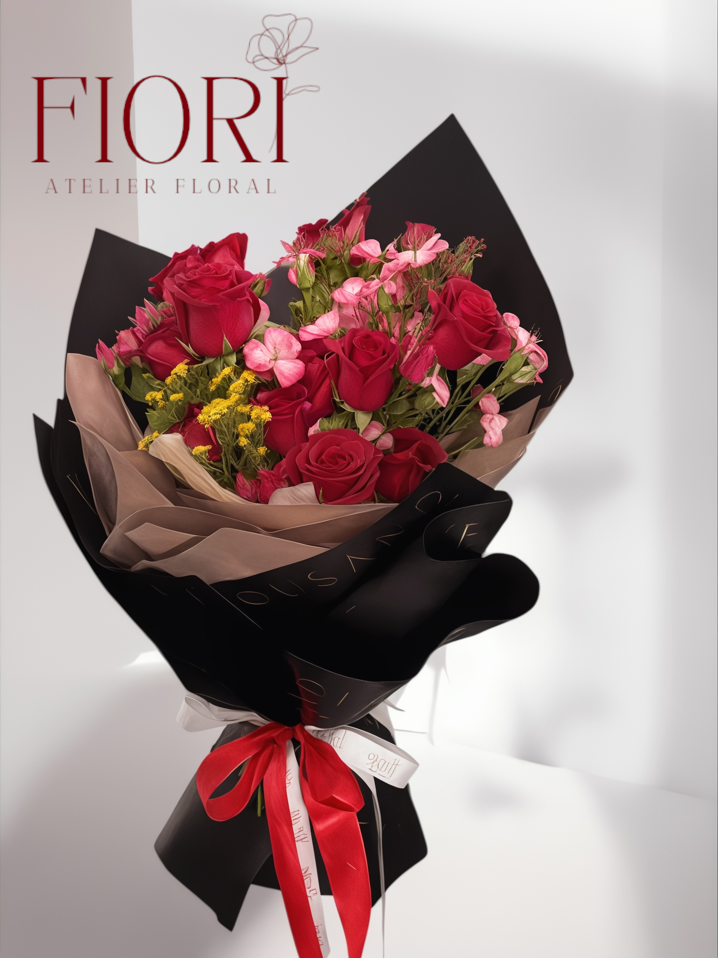 Ramo de rosas rojas y flores mixtas