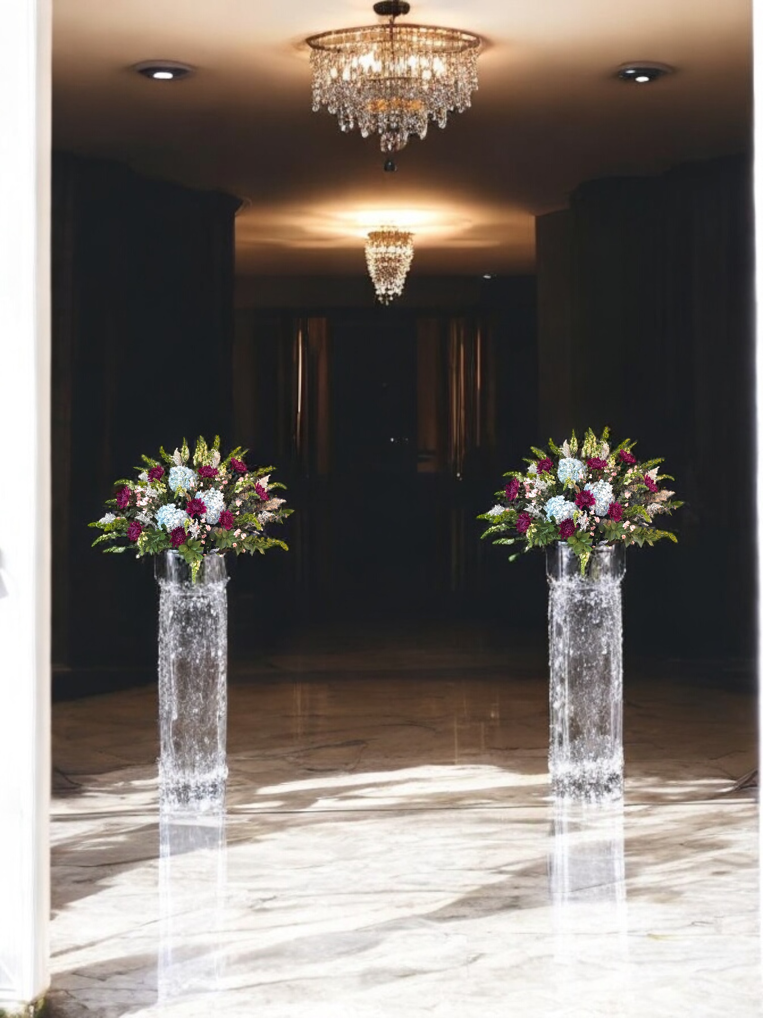 Arreglo floral para Pedestal con Hortensias y Crisantemos