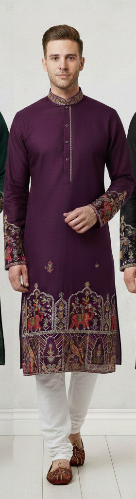 Red Wine Elephant Light Daman Work Kurta - 44(XXL)