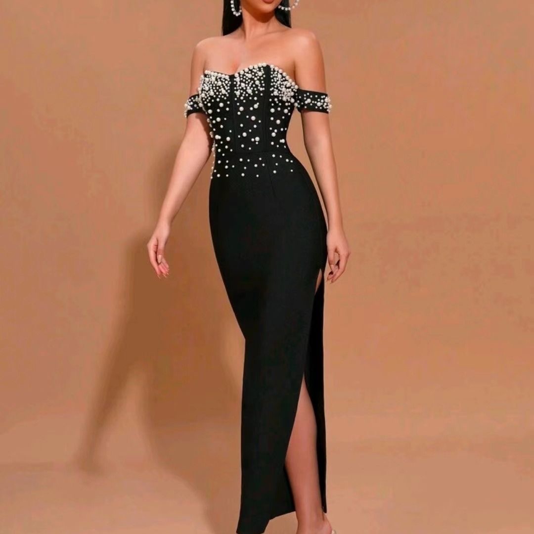 Elegant Pearls Off-Shoulder Evening Dress
