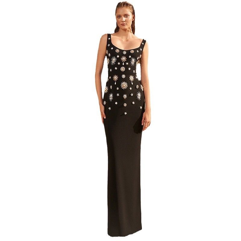 Elegant Black Embellished Evening Dress