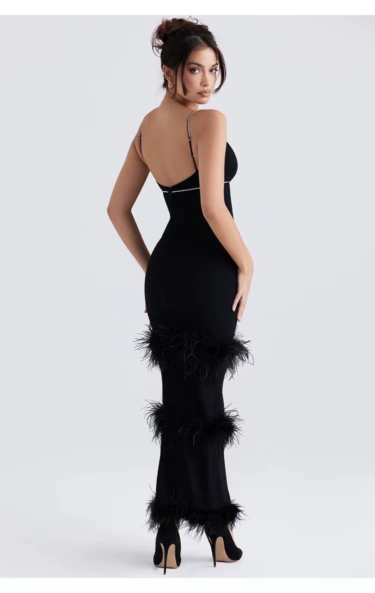 Black Feather Trim Maxi Dress
