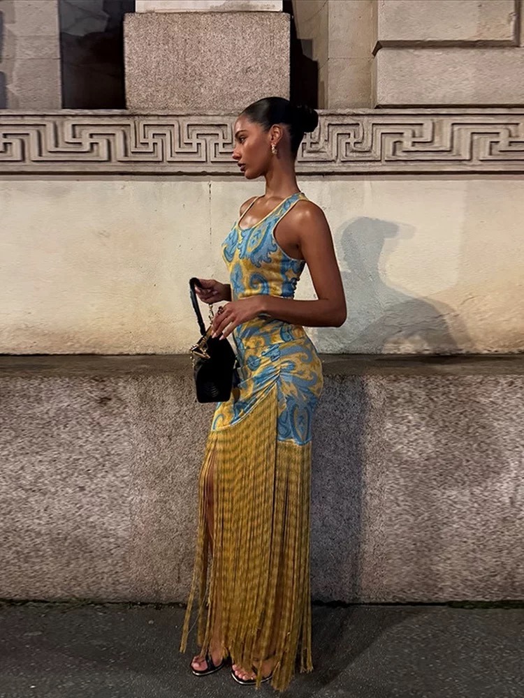 Elegant Yellow and Blue Maxi Dress