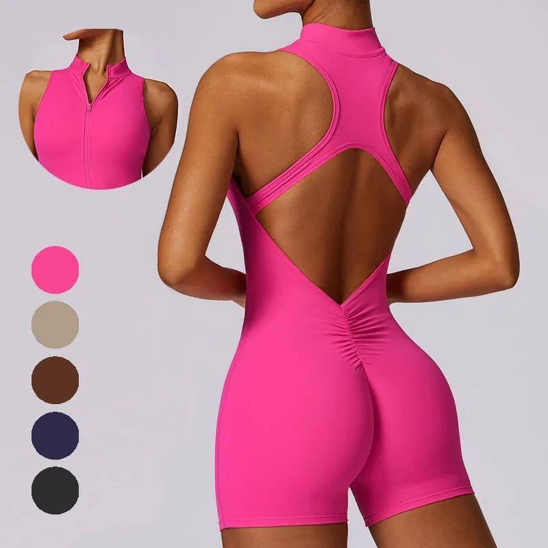 Women's Backless Pink Sports Romper