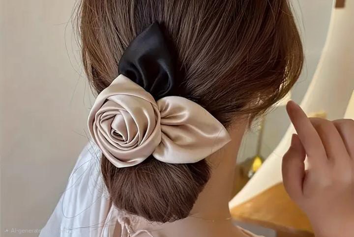 Unique classy Big Rose designed piece with leaf look made with satin material perfect for hair ties