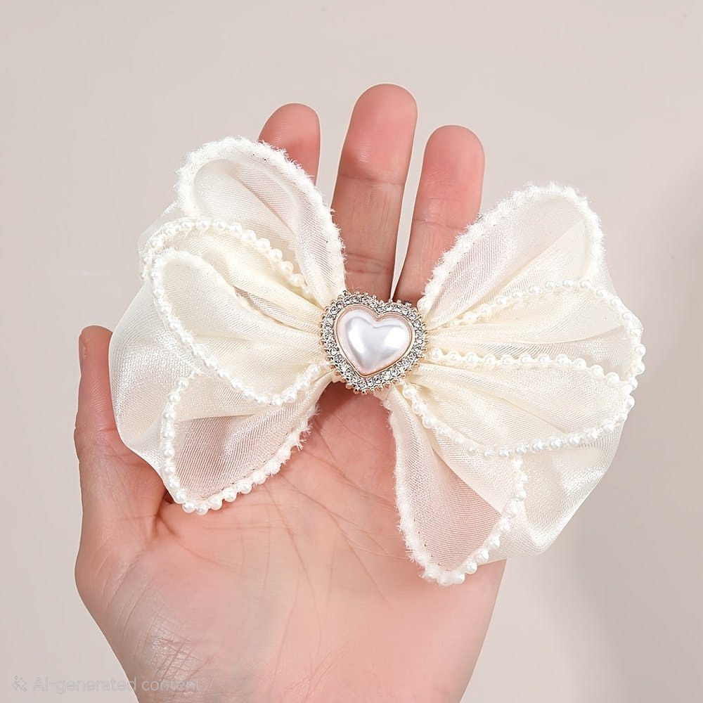 •Double Head pearl organza hair bow with heart pearl and with charming, classy look