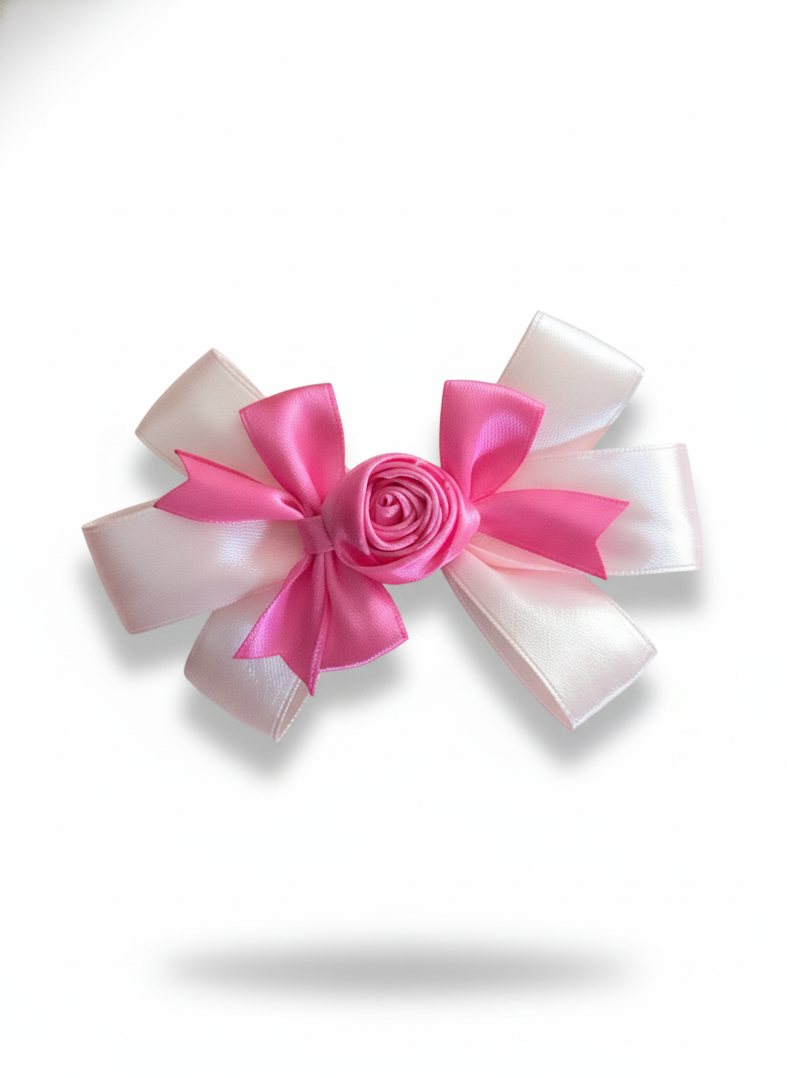 Classy Satin hair bow with Cross designed base and decorated with a charming rose and small, cute Bow on the top
