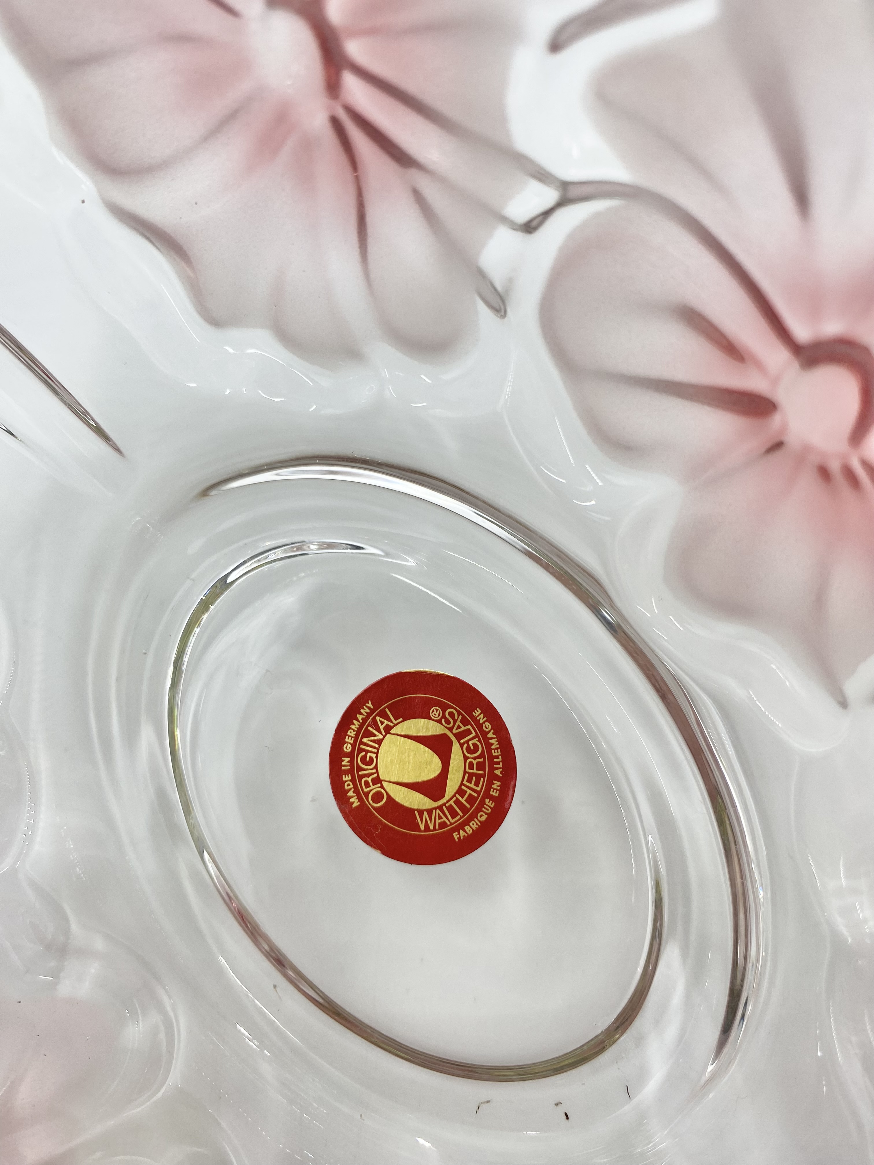 Vintage Waltherglas glass basket with plastic handle pink and white floral.