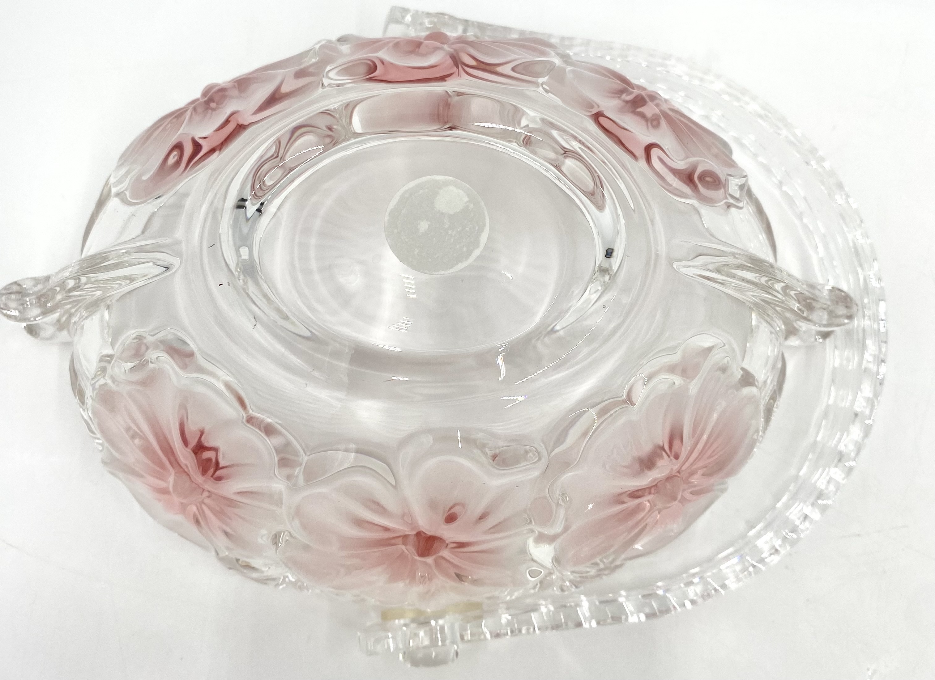 Vintage Waltherglas glass basket with plastic handle pink and white floral.