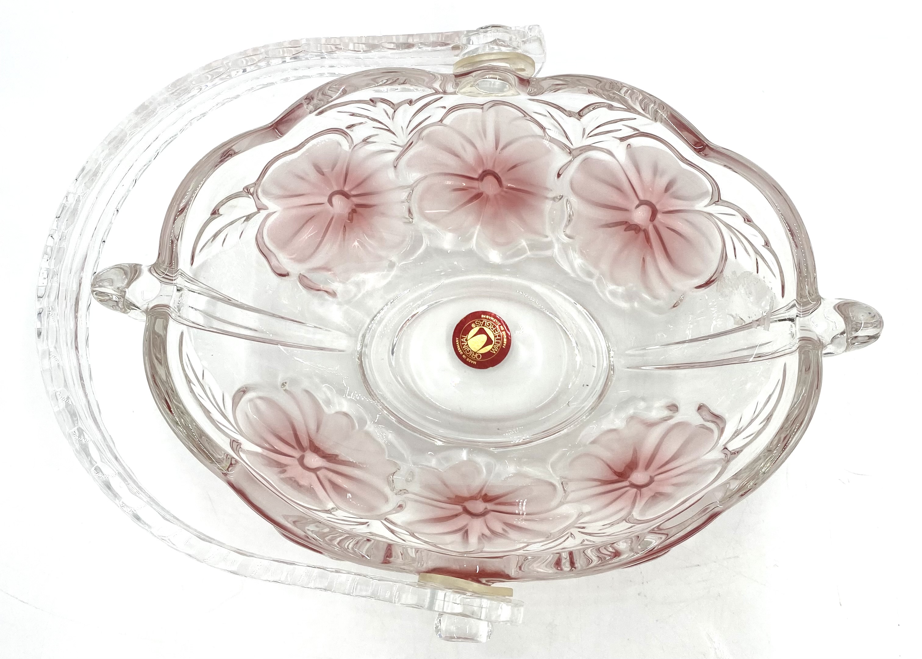 Vintage Waltherglas glass basket with plastic handle pink and white floral.
