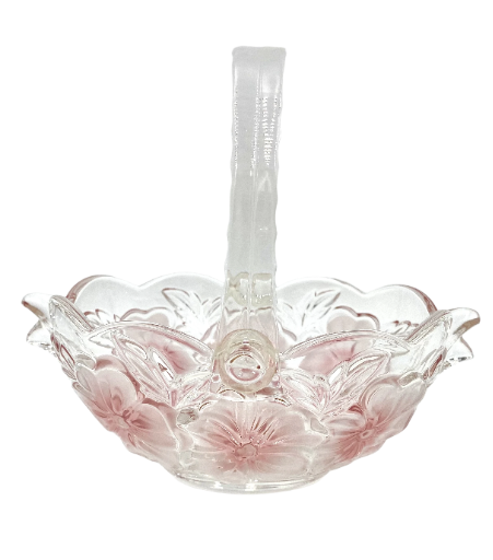 Vintage Waltherglas glass basket with plastic handle pink and white floral.