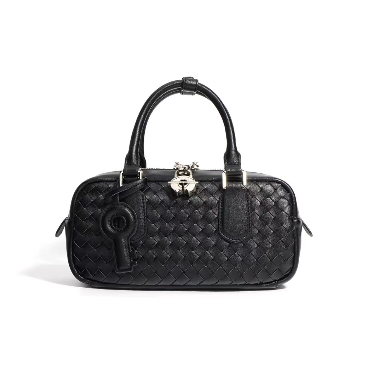 Black woven leather handbag