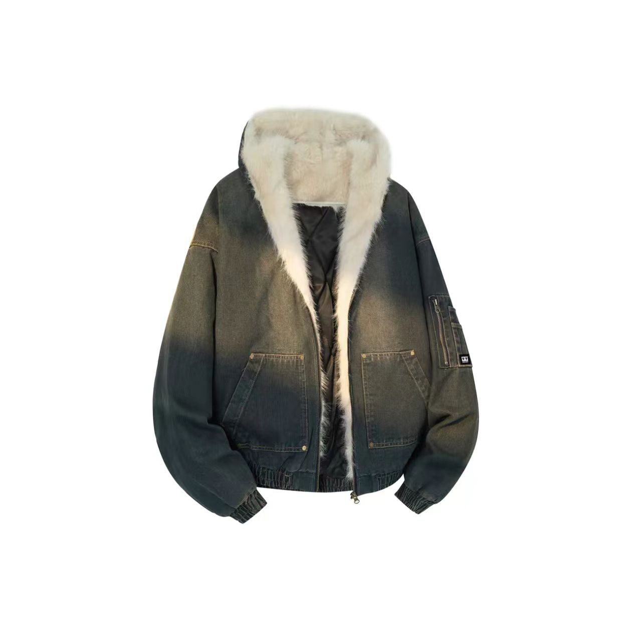 Denim Bomber Jacket with Faux Fur Lining
