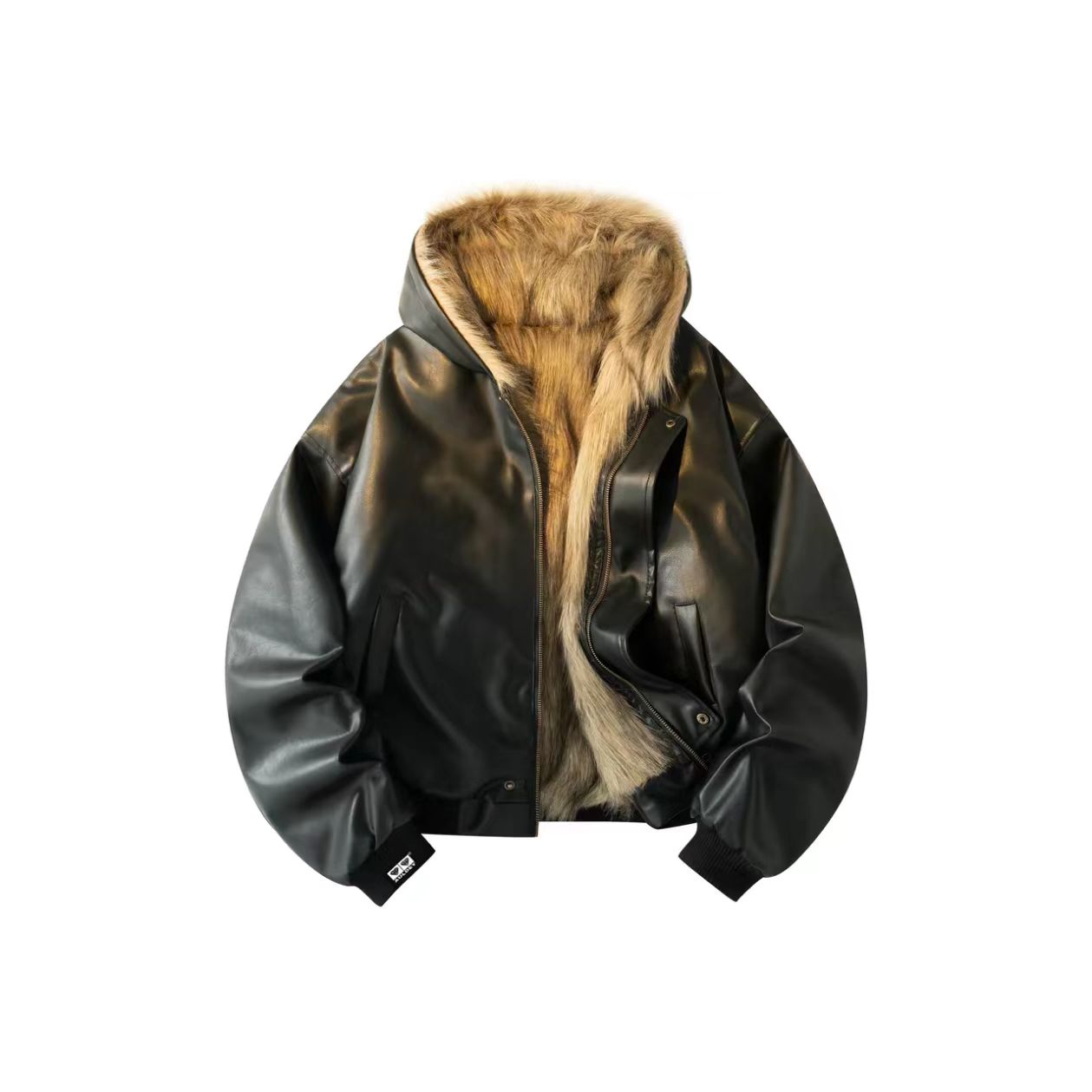 Men's Black Leather Hooded Jacket