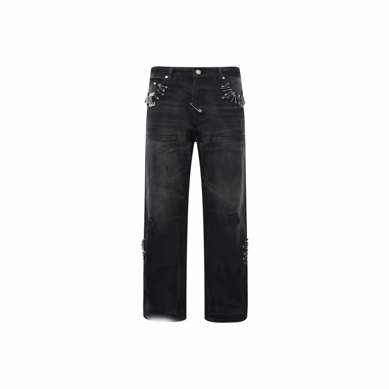 Black Distressed Straight-Leg Jeans