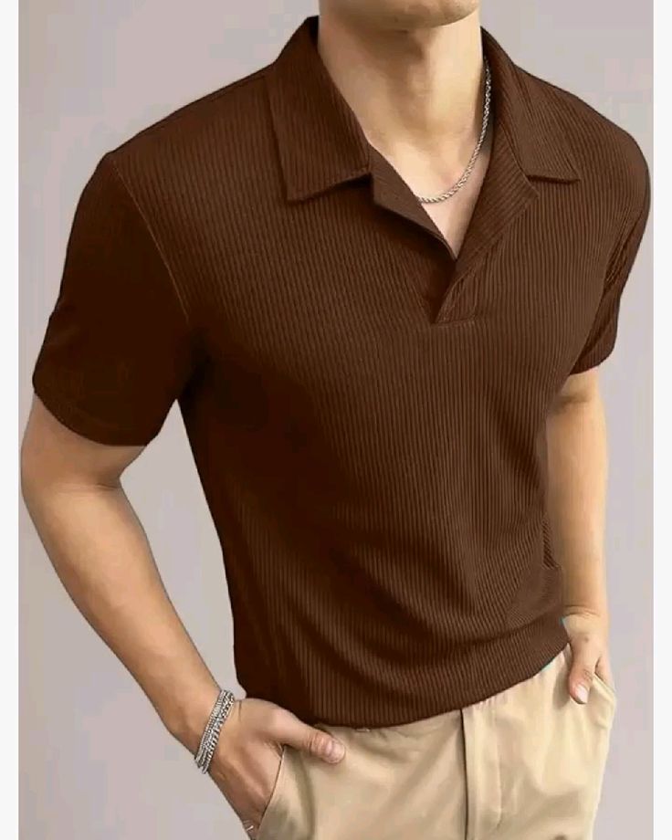 Men's brown ribbed short sleeve polo