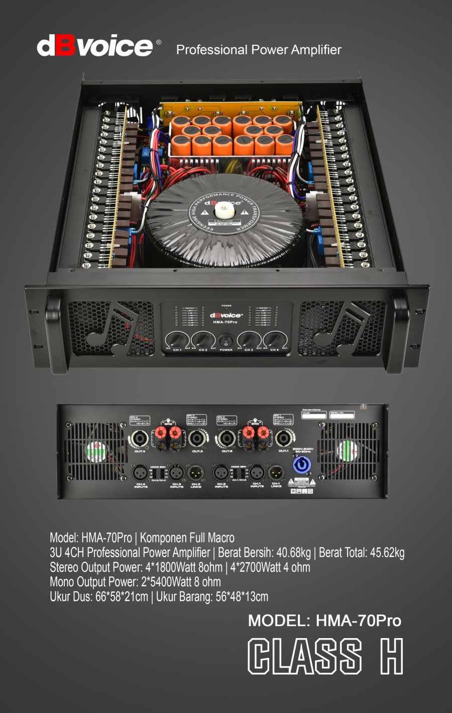 Profesional Power Amplifier dBVoice HMA-70PRO Class H 4x2700watt 4ohm