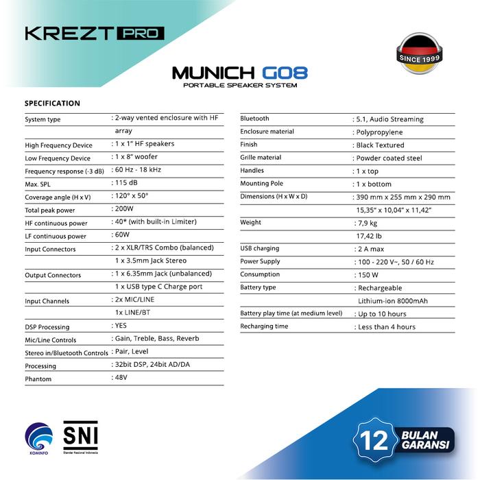 Speaker Portabel KREZT Pro Munich Go 8 Sistem Bluetooth 8 Inch dengan Baterai 8000mAh dan Phantom Power