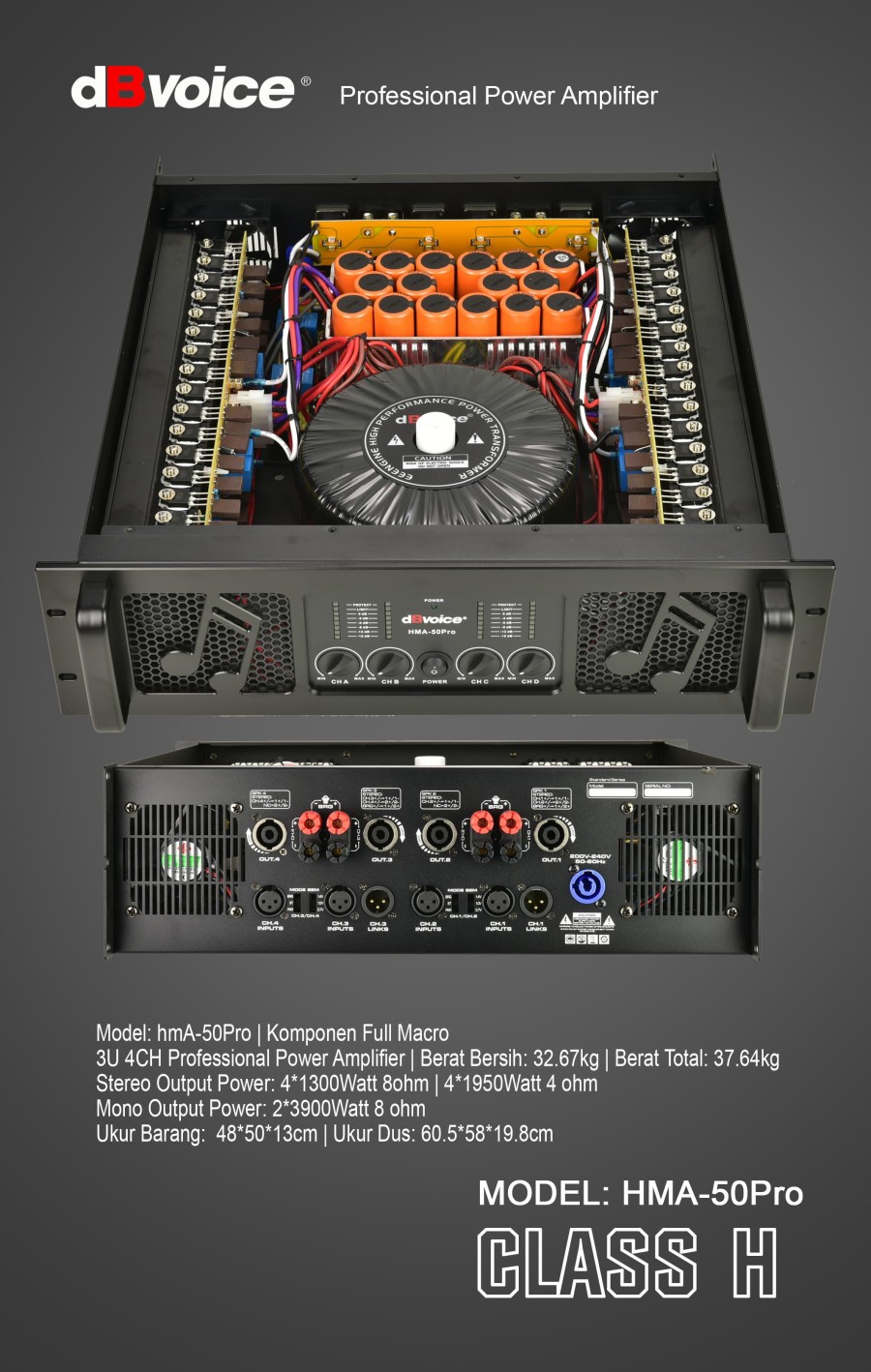 Power Amplifier dBvoice HMA-50 PRO 4x1300Watt 4Ch Profesional Class H Full Makro