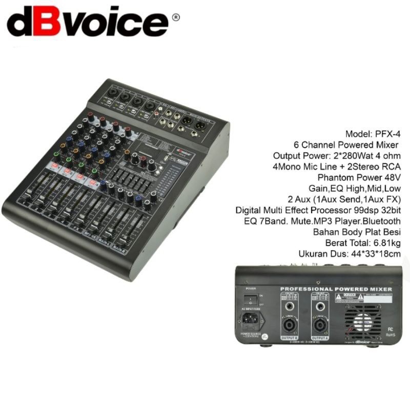Power Mixer Audio dBvoice PFX-4 Mixer + Power Amplifier 2x280Watt