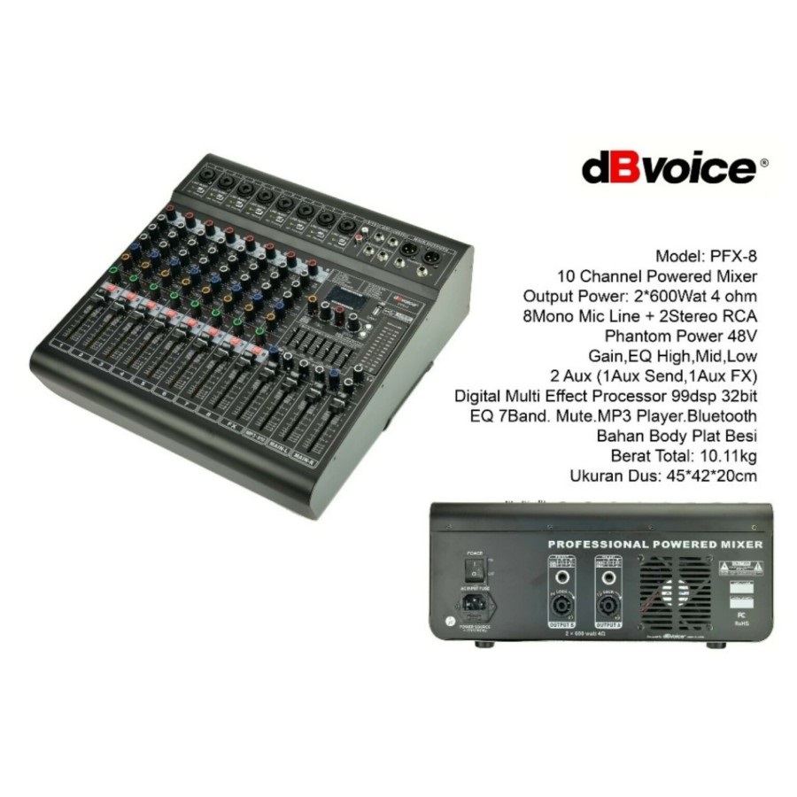 Power Mixer Audio dBVoice PFX-8 8chanel Mixer + Power Amplifier 2chx600Watt