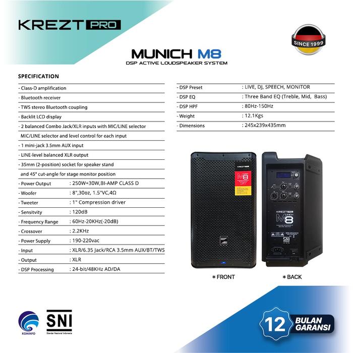 Speaker Aktif Krezt Pro Munich M8 - 8Inc DSP + TWS Professional Speaker 