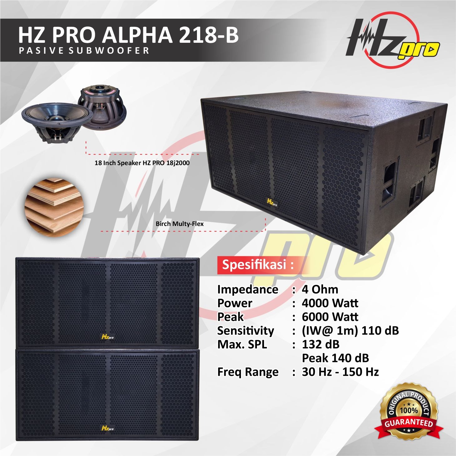 SPEAKER SUBWOOFER HZPro Alpha 218-B 2x18Inc 4000Watt