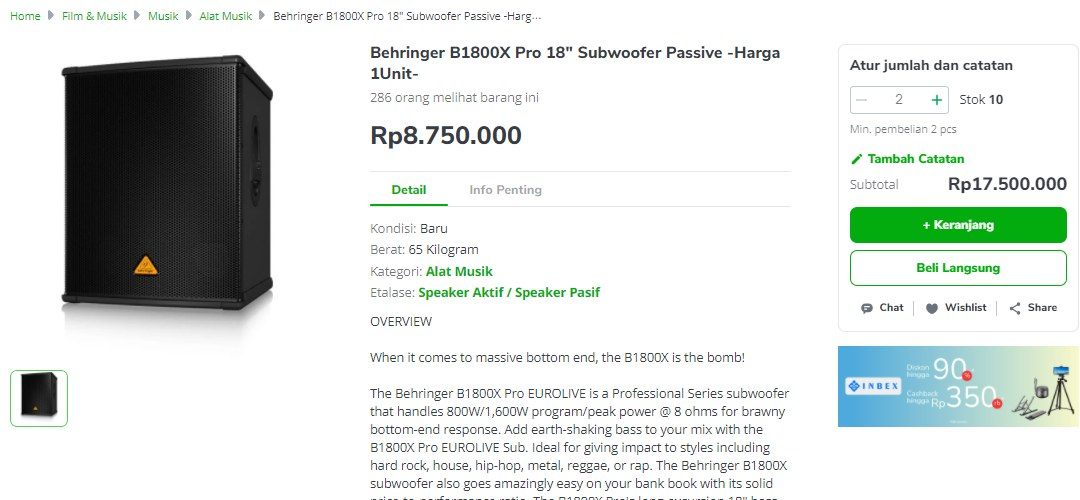 Speaker Subwoofer Behringer B-1800XPro Pasif 18Inc 1600Watt Normal 1unit