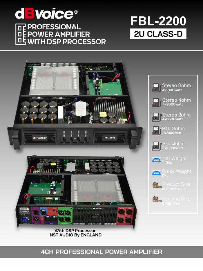 Professional Power Amplifier Kelas-D with DSP NST Audio ENGLAND 4X1800watt dBvoice FBL-2200