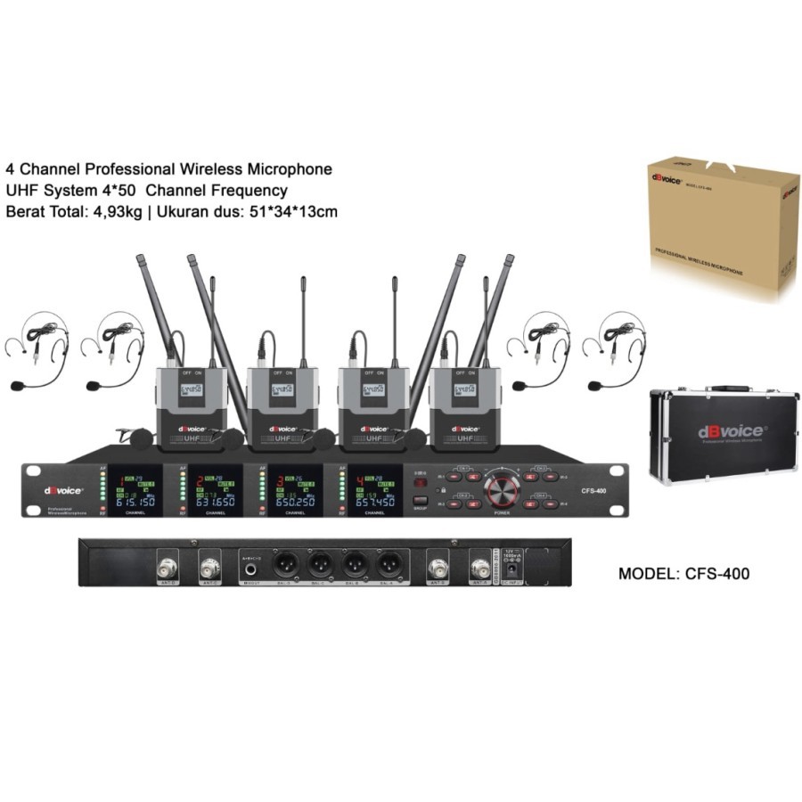 Mic Wireless ClipOn dBVoice CFS-400 isi 4 Channel Microphone System