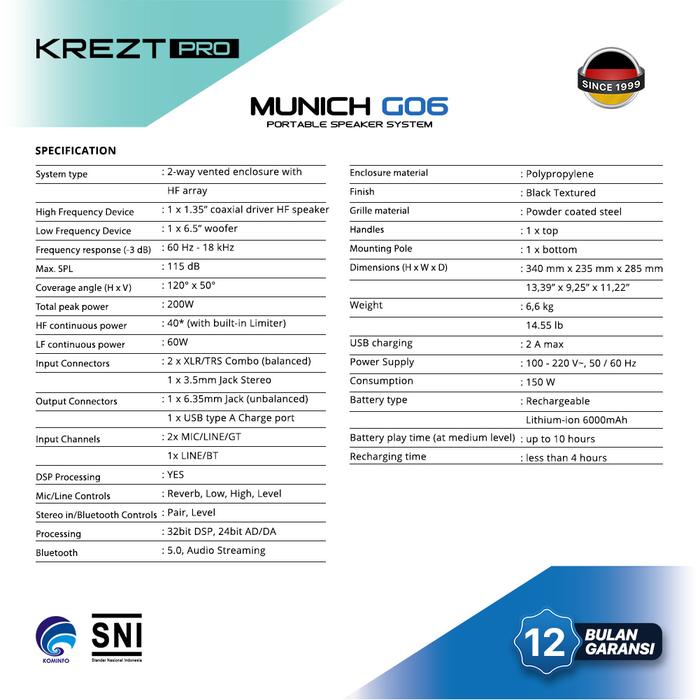 Speaker Portabel KREZT Pro Munich Go 6 Sistem Bluetooth 6,5 Inch dengan Baterai 6000mAh dan Phantom Power