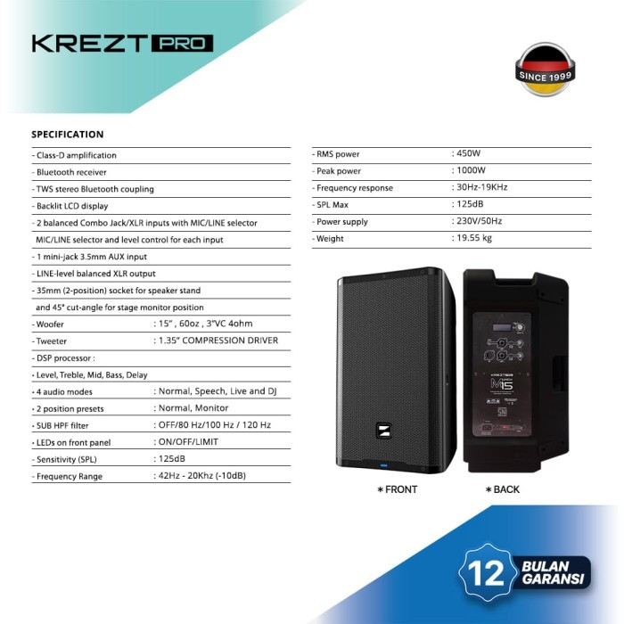 Speaker Aktif KREZT Pro M15 15Inc 1000Watt DSP Clarity 