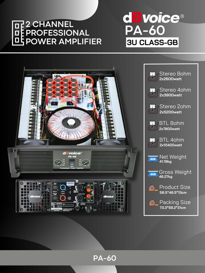 POWER AMPLIFIER dBVoice PA-60 - 2 CHANNEL PROFESSIONAL 3U CLASS-GB