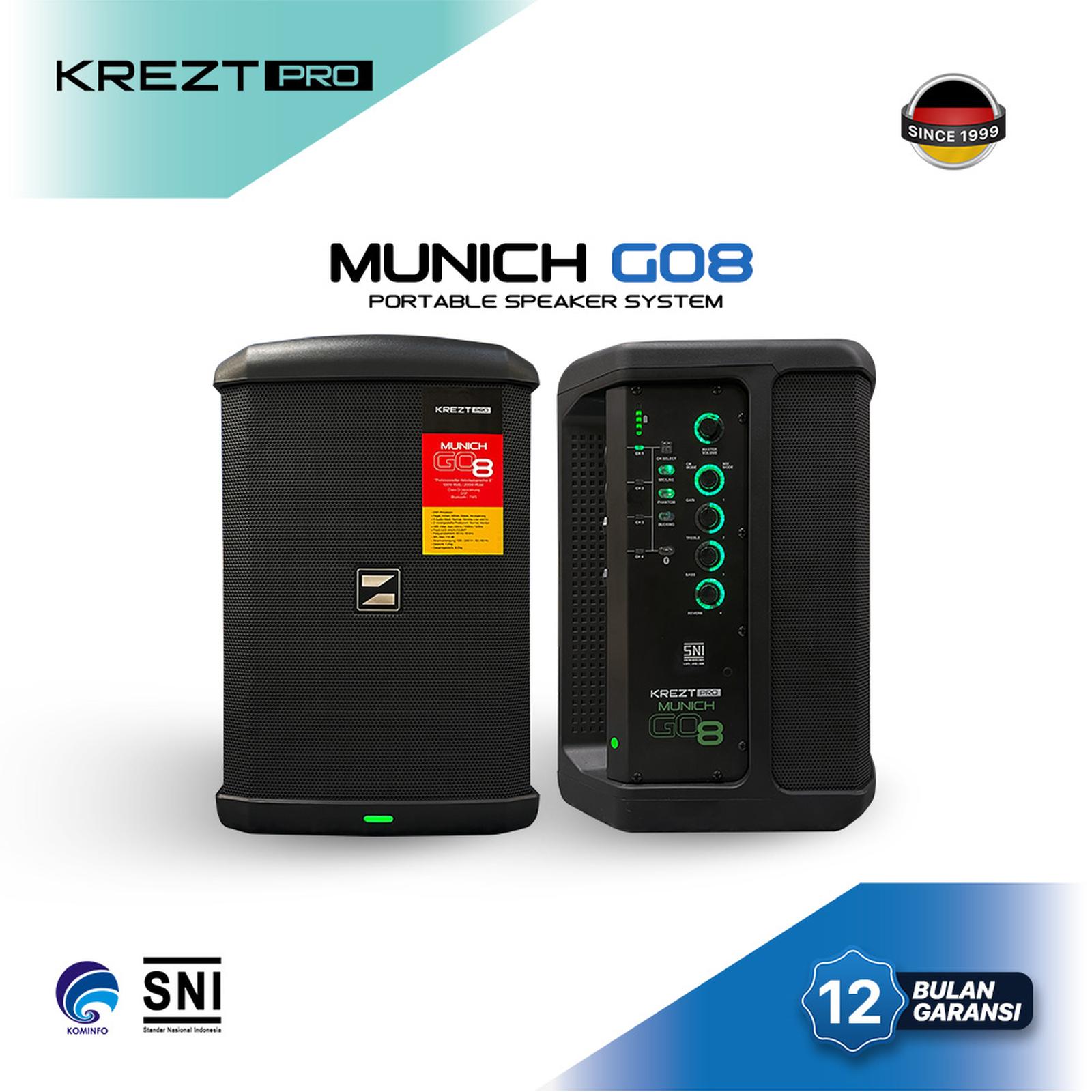 Speaker Portabel KREZT Pro Munich Go 8 Sistem Bluetooth 8 Inch dengan Baterai 8000mAh dan Phantom Power