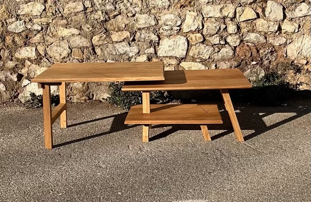 Table basse “Mouvement” – frêne massif modulable & incrustations bois précieux