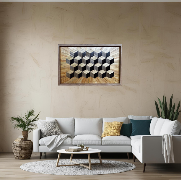 Tableau “Cubes Solaires” – marqueterie de paille & chêne massif