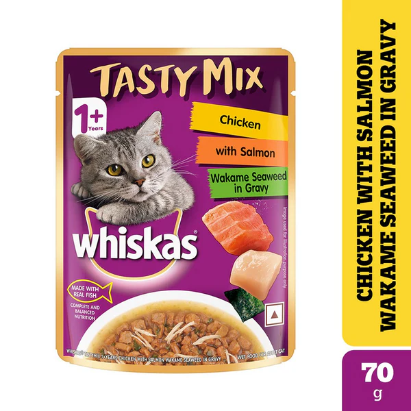 Whiskas Tasty Mix Chicken with Salmon and Wakame Seaweed in Gravy Cat Food , 70g
