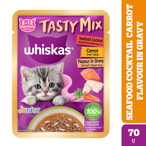 Whiskas Tasty Mix Junior Cat Food Seafood Cocktail Carrot Flavour In Gravy , 70g