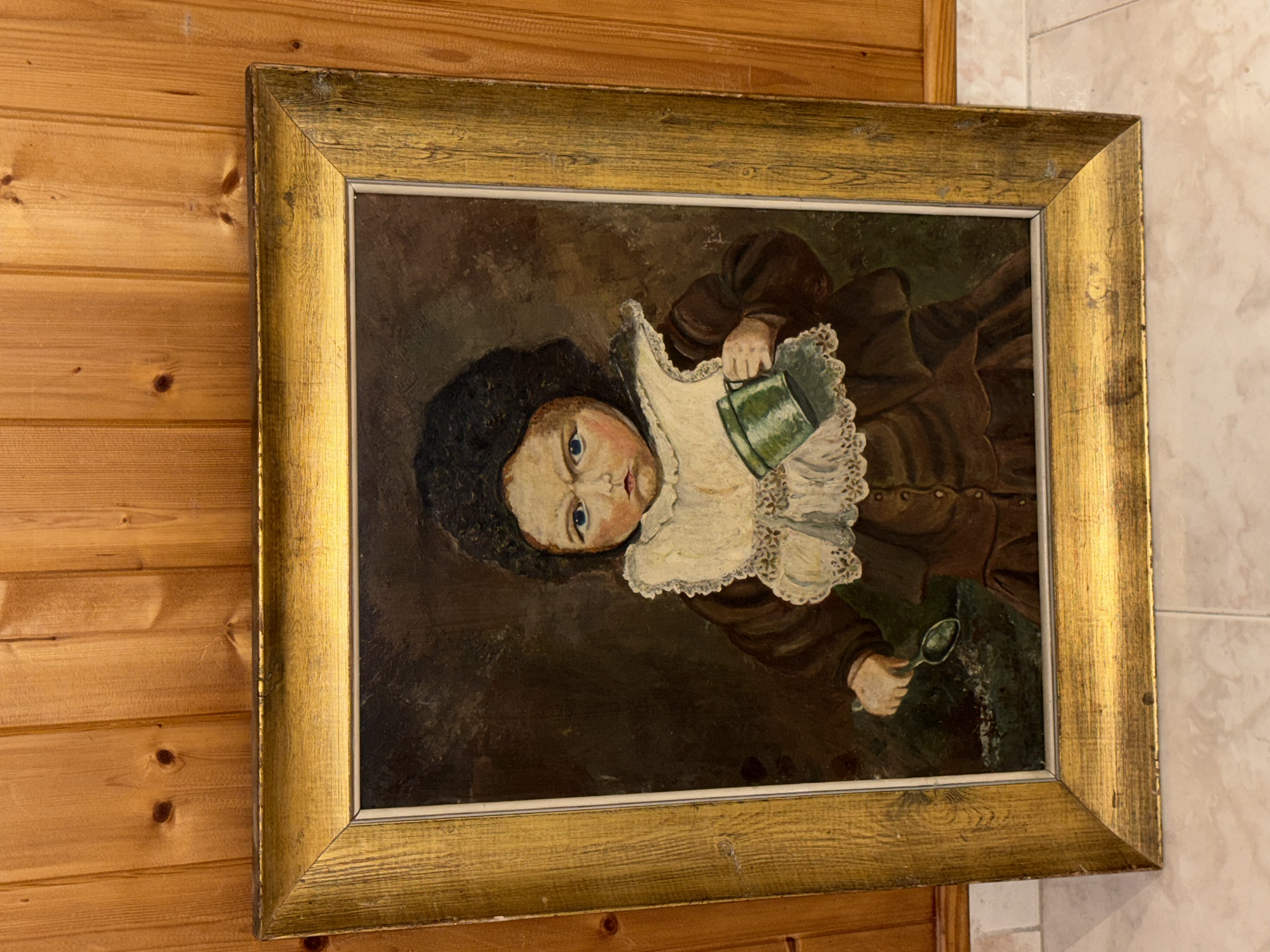 Cuadro antiguo niña con una taza 