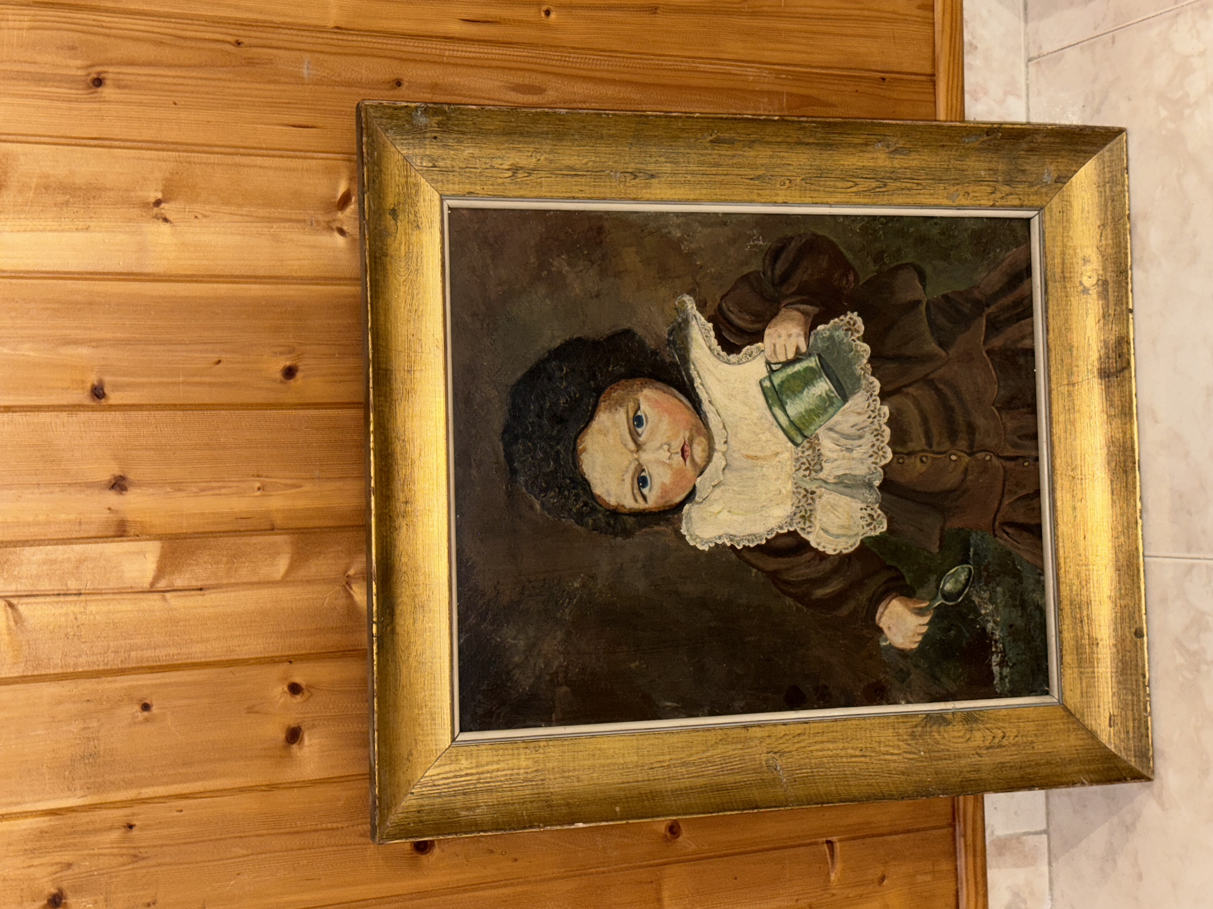 Cuadro antiguo niña con una taza