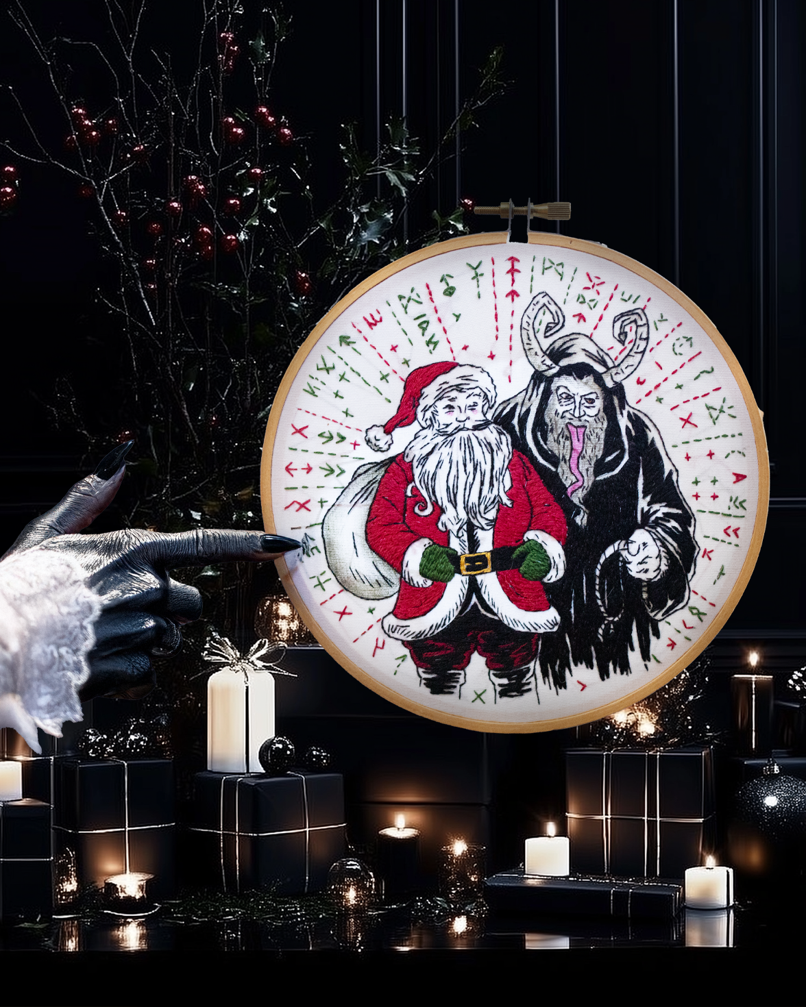 Santa and Krampus Embroidery Hoop