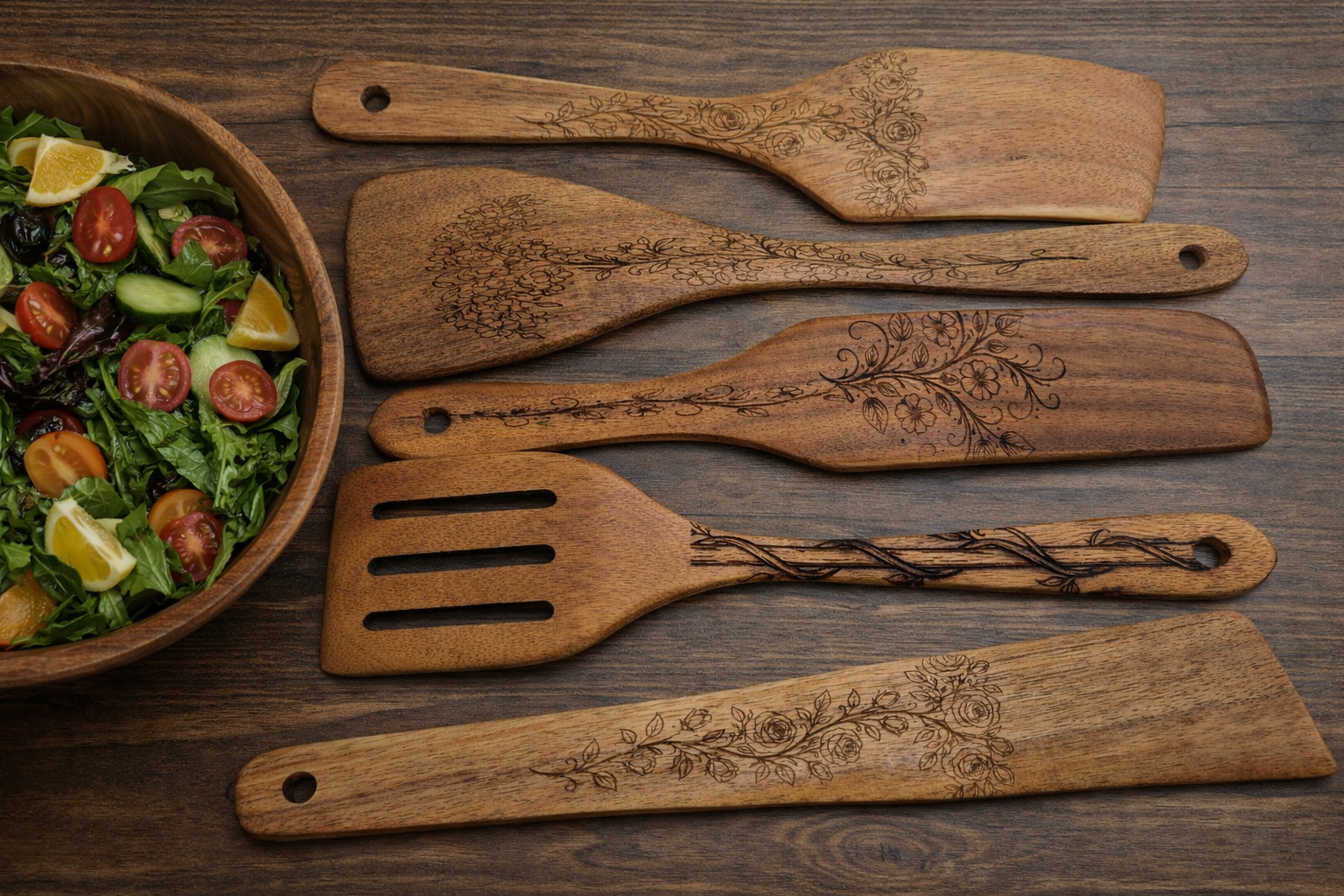 Engraved Wooden Kitchen Utensil Set of 5