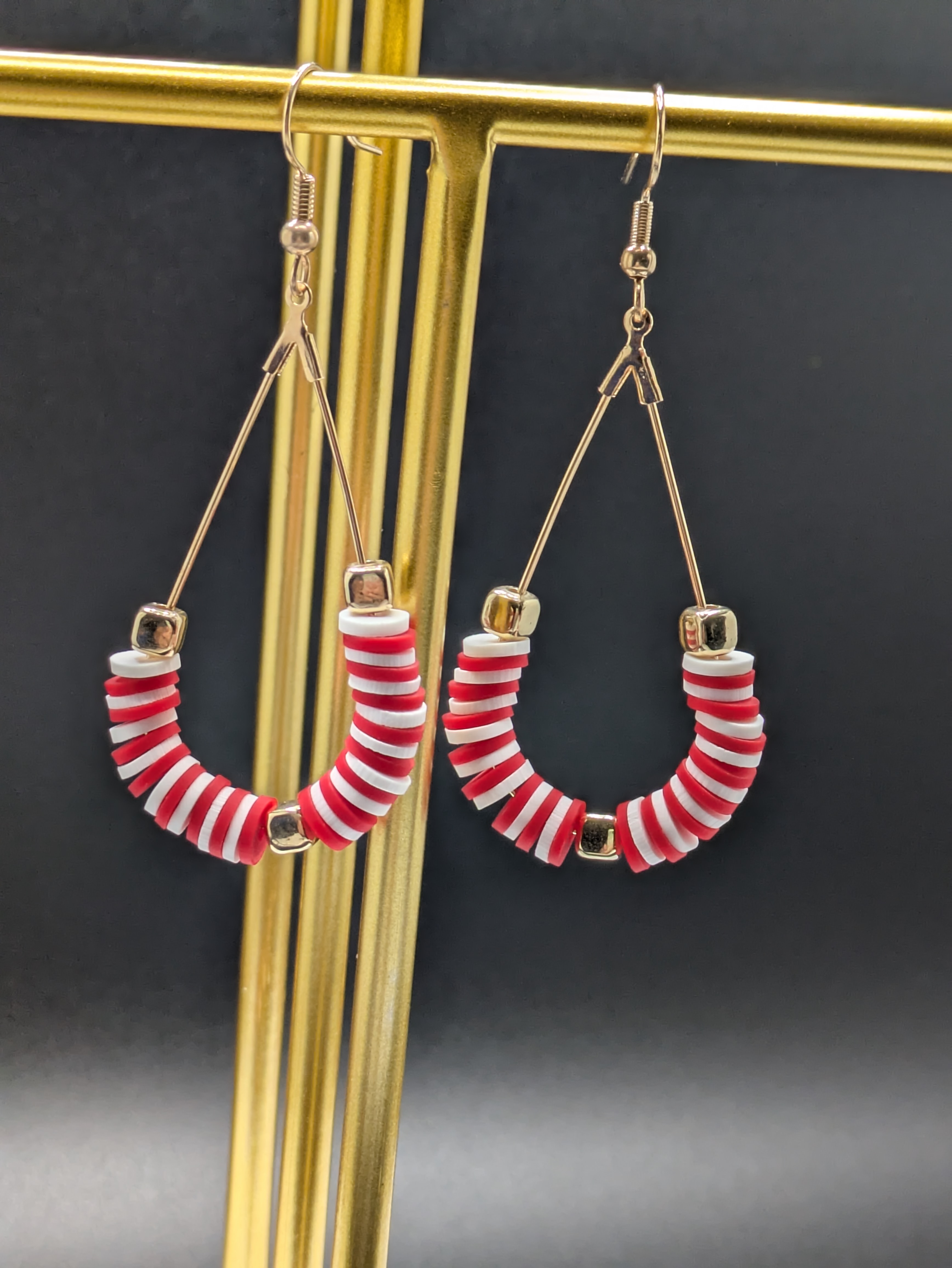Red and White Beaded Hoop Earrings