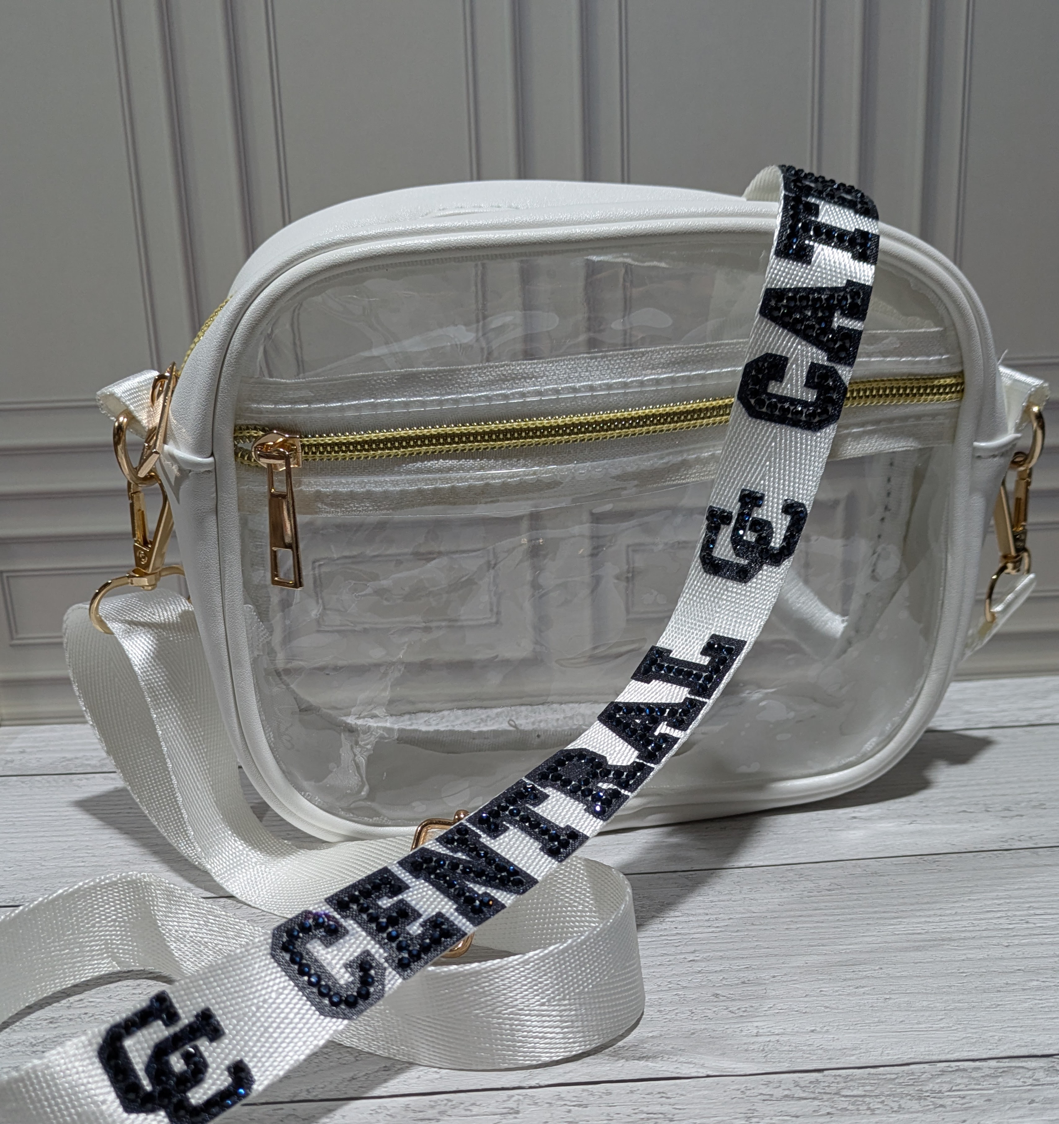 Clear Crossbody Bag with gemmed embellishments