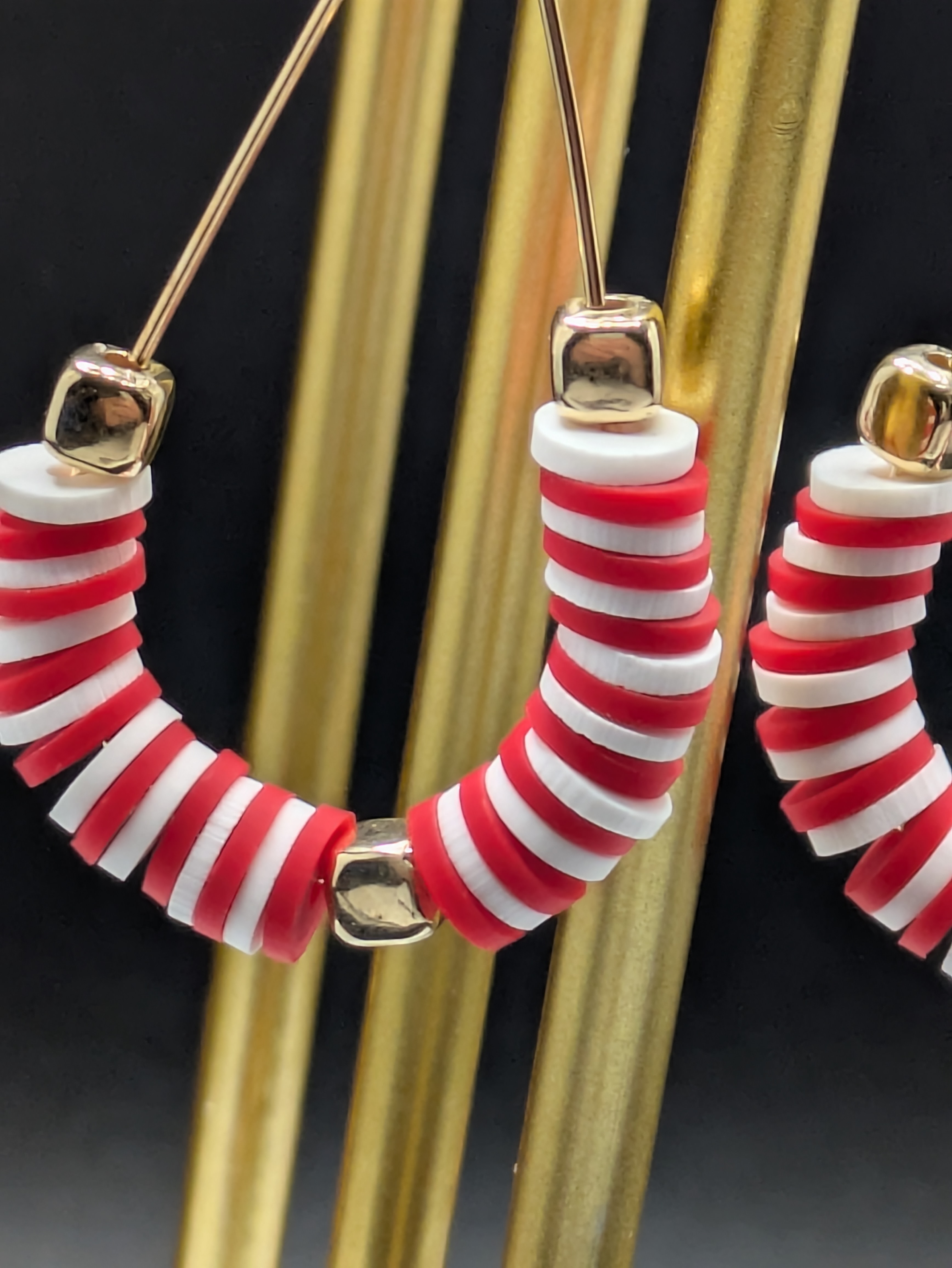 Red and White Beaded Hoop Earrings