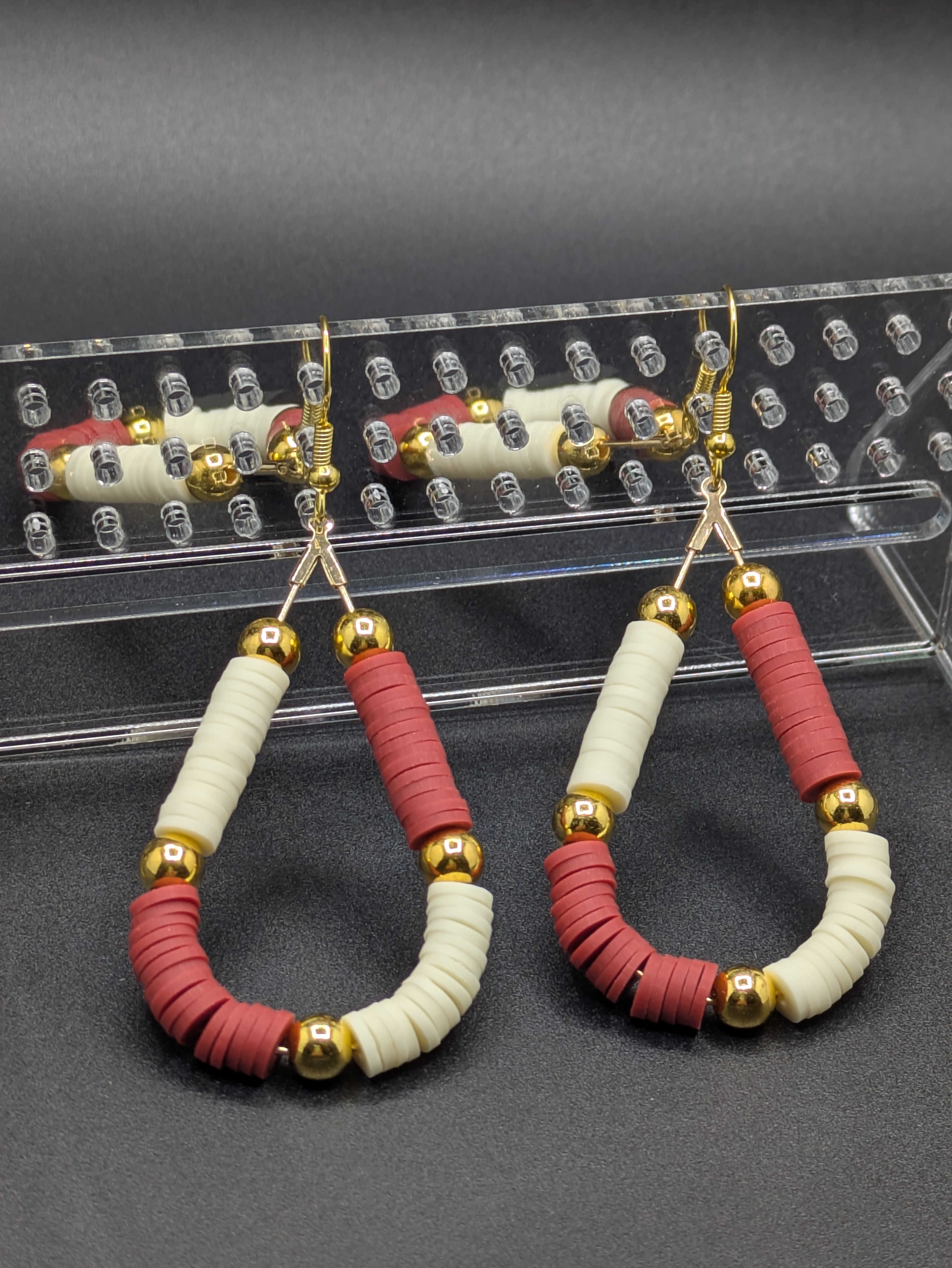 Handmade Burgundy and White Beaded Earrings